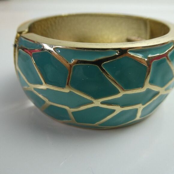 Teal Gold Tone Snakeskin Animal Print Hinged Wide Chunky Bangle Bracelet - Picture 3 of 6